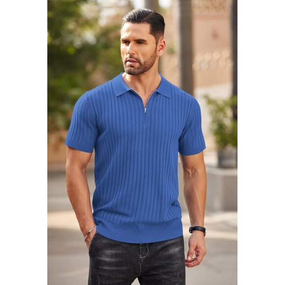 Men's Zipper Polo Shirts Short Sleeve Ribbed Knit Polo T Shirts Blue - Picture 2 of 7